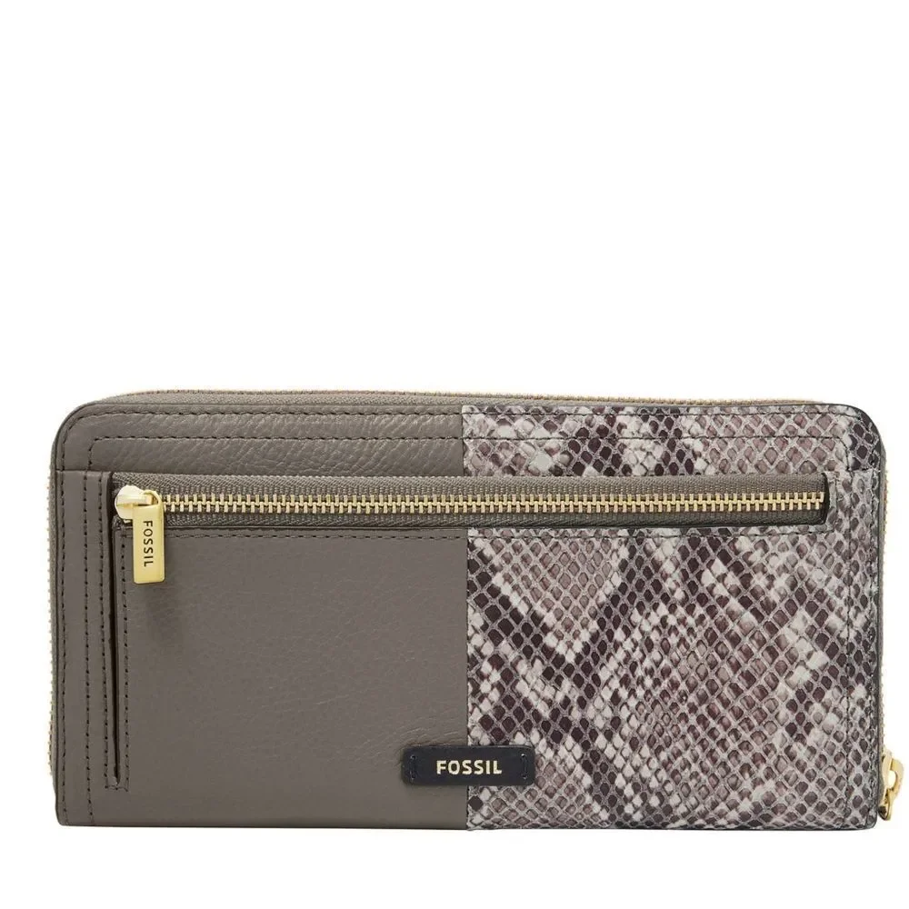 New! FOSSIL Logan RFID Wallet Zip Clutch Wristlet Strap Taupe Snakeprint Black
